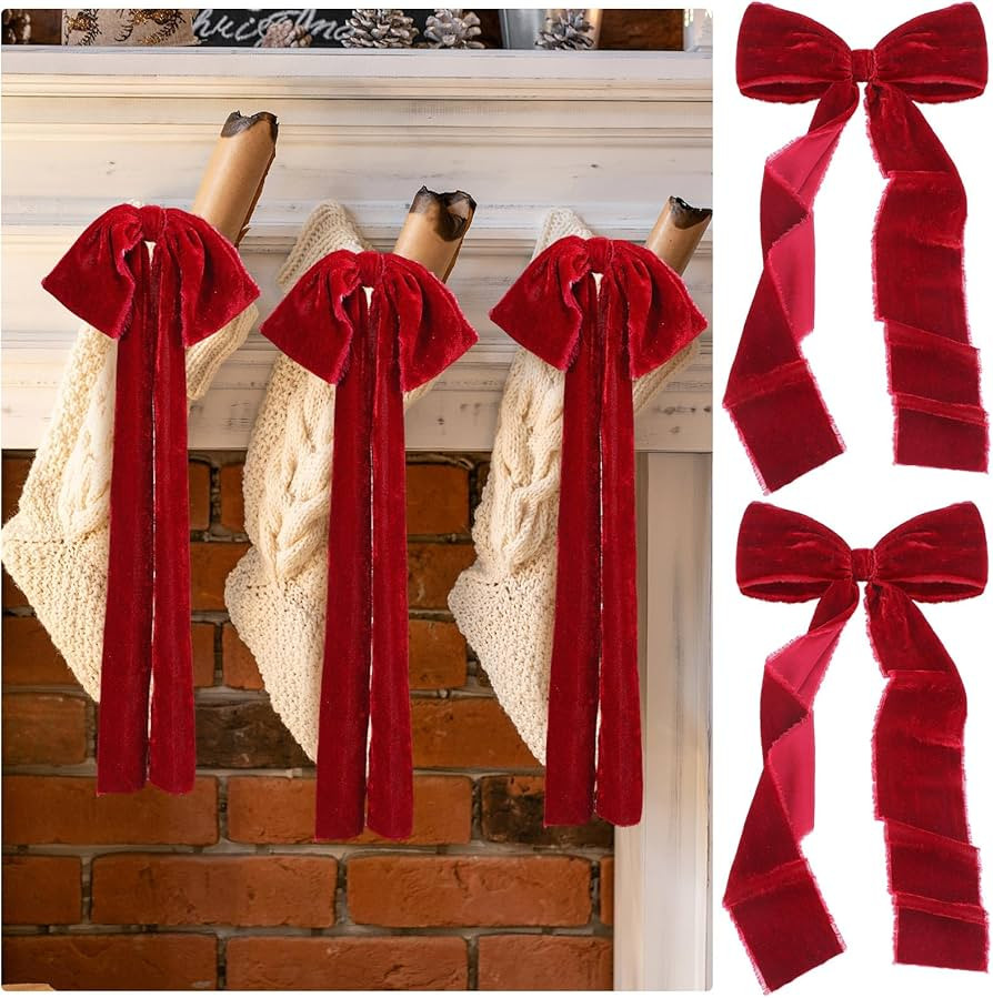 8 Pcs Christmas Velvet Ribbon Bows Large Fringe Holiday Tree Topper Vintage Raw Edge Bows for Christmas Tree,Stocking,Ornament,Rustic Crafts Bows for Xmas,Home Decor (Wine Red) | Amazon (US)