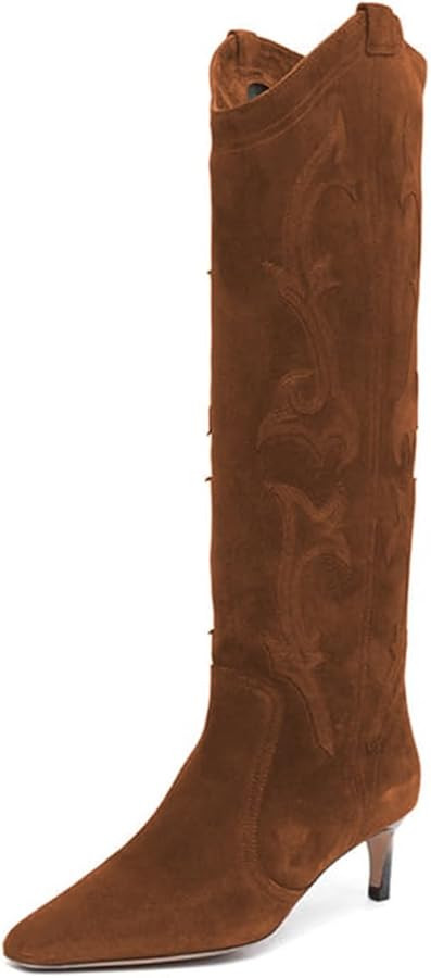 FYS Women Square Toe Knee High Boots Embroidered Kitten Low Heel Western Boots Casual Street Dail... | Amazon (US)