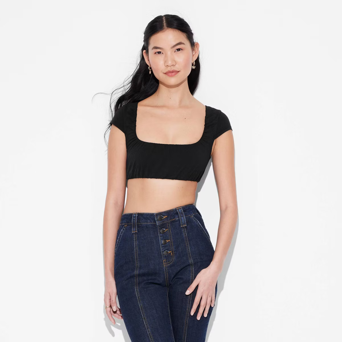 Women's Puff Cap Sleeve Scoop Neck Bubble Top - Wild Fable™ Black 2X | Target