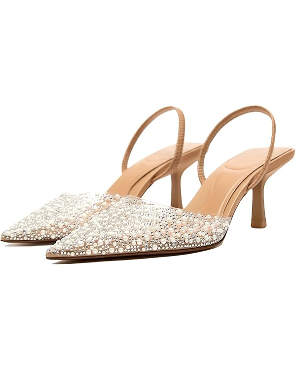 YIYA Women's Clear Slingback Heels with Pearl Studded Pointed Toe Kitten Mid Heels Sparkly Rhines... | Amazon (US)