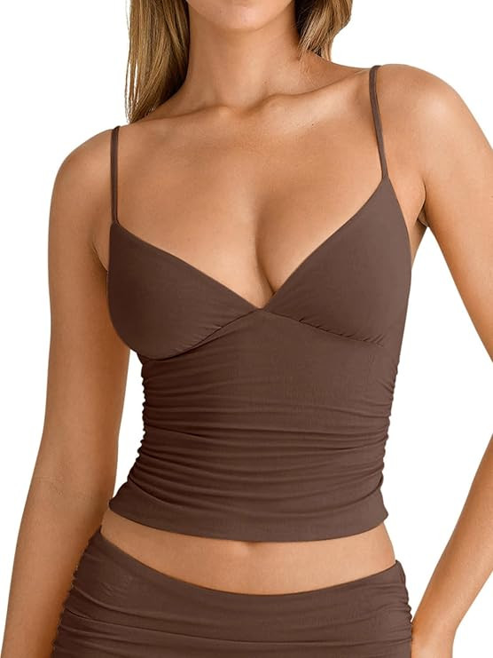 PINKMSTYLE Women's Sexy V Neck Ruched Cami Top Sleeveless Spaghetti Double Layer Fitted Crop Tank... | Amazon (US)