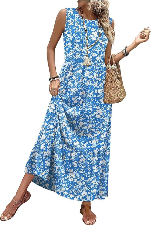 WIHOLL Summer Dresses for Women 2026 Casual Sleeveless Maxi Dress Long Flowy A Line Sundresses Be... | Amazon (US)