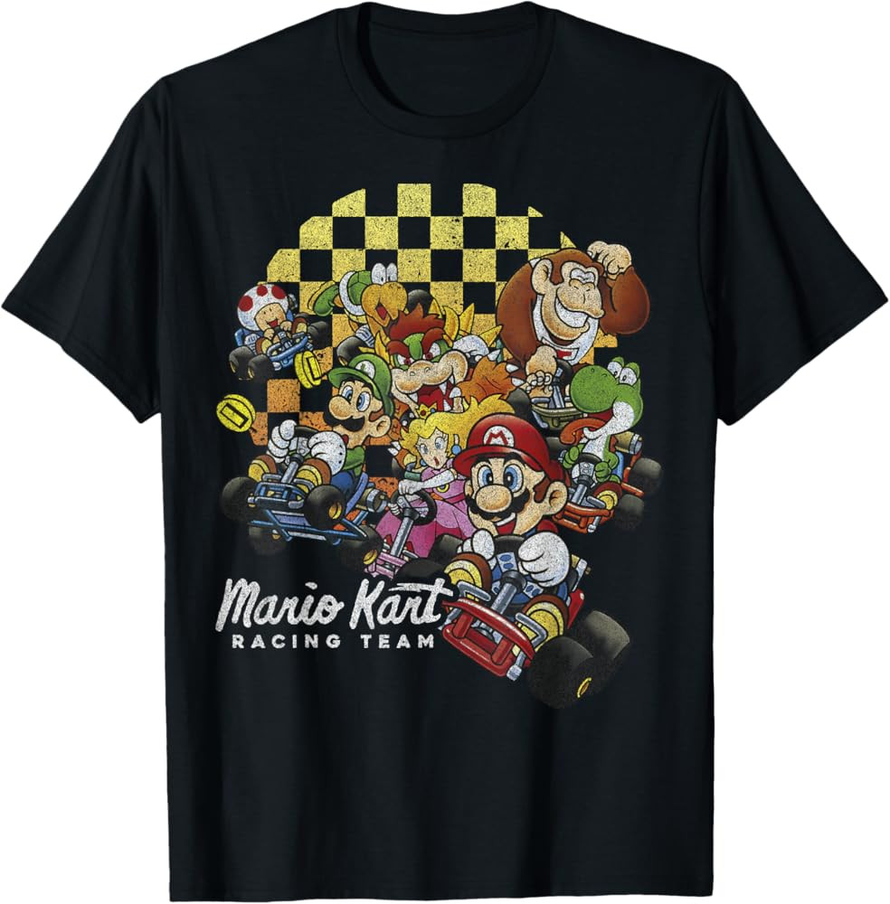Mario Kart Group Shot Checkered Background Poster T-Shirt | Amazon (US)