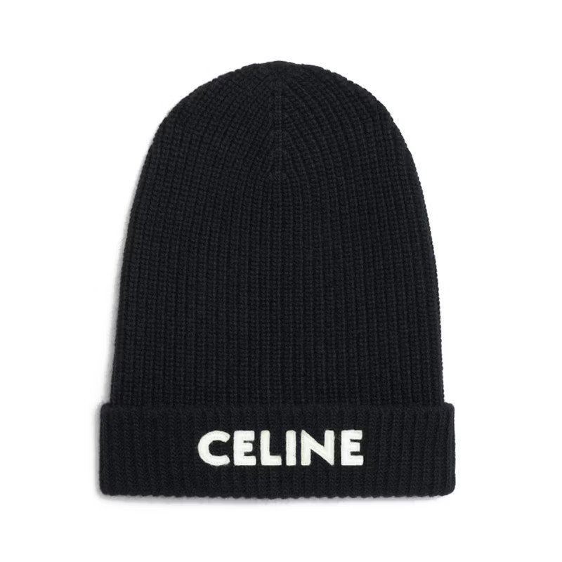 Celine Embroidered Knit Loose Fit Wool Beanie in Black | StockX