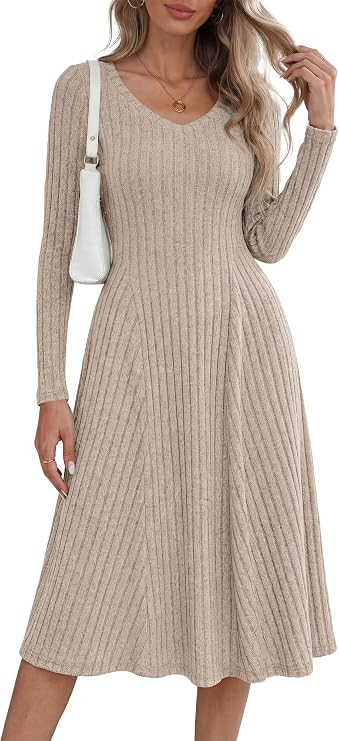 KIRUNDO Sweater Dress for Women Long Sleeve Ribbed Knit Midi Fall Dresses | Lightweight Soft Warm... | Amazon (US)