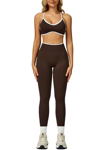 ABOCIW Two Piece Workout Sets for Women Seamless Color Block Sports Bra Scrunch Butt Lifting High Waist Leggings Gym Yoga Active Wear Pilates Outfits Work Out Clothes Coffee Small | Amazon (US)