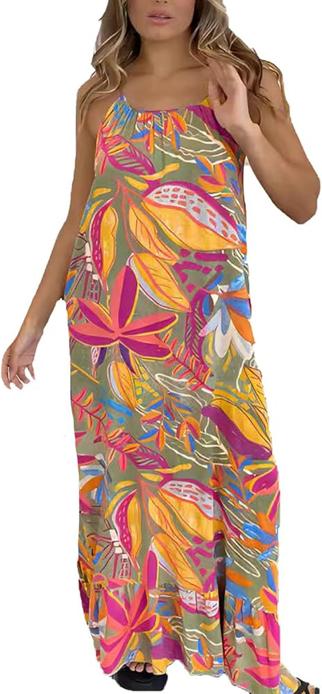 Printed Sleeveless Long Dress,Plus Size Beach Vacation Maxi Dress,Women's Summer Floral Print Sle... | Amazon (US)