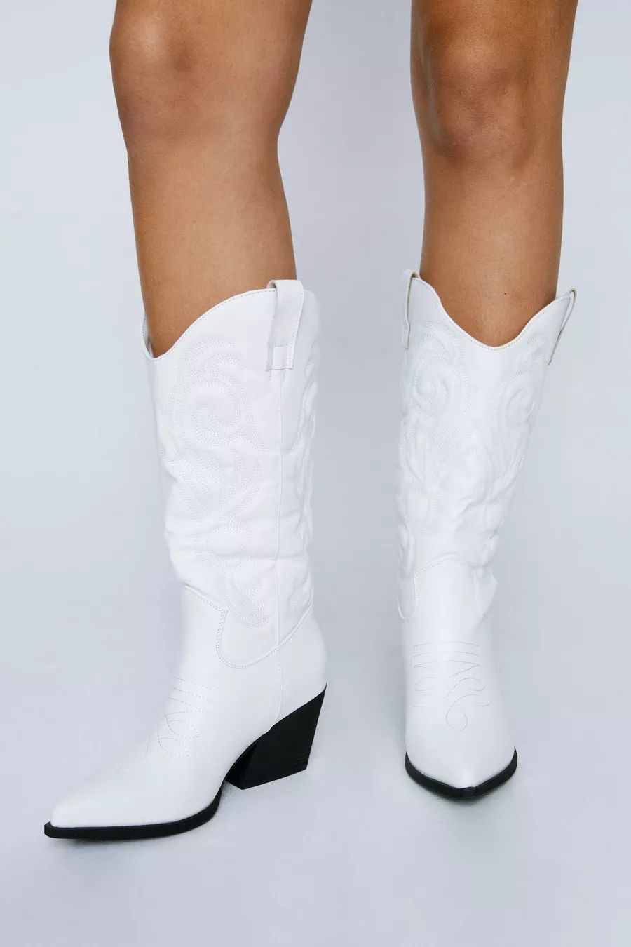 Metallic Faux Leather Knee High Cowboy Boots | Nasty Gal (US)