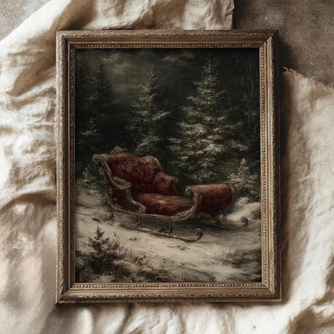Vintage Christmas Sleigh Art, Rustic Winter Wall Art Print, Antique Holiday Decor, Moody Snowy Fo... | Etsy (US)