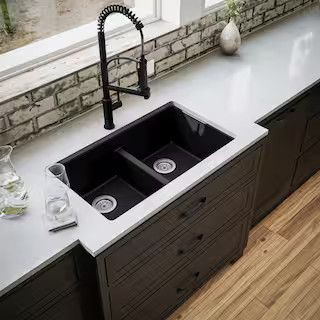 Quartz Black 32 in. 50/50 Double Bowl Composite Undermount Kitchen Sink | The Home Depot