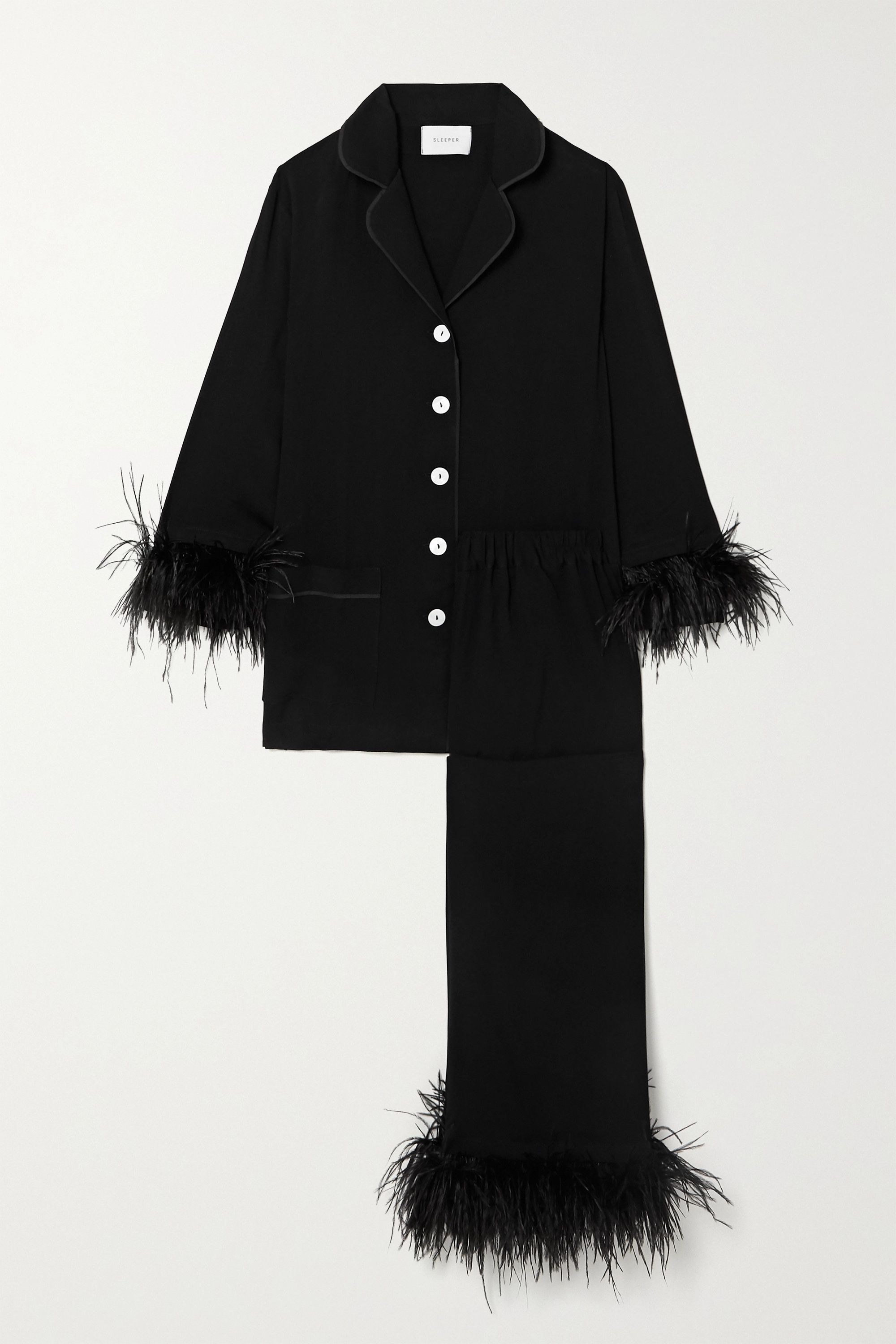 Black Feather-trimmed crepe de chine pajama set | Sleeper | NET-A-PORTER | NET-A-PORTER (US)