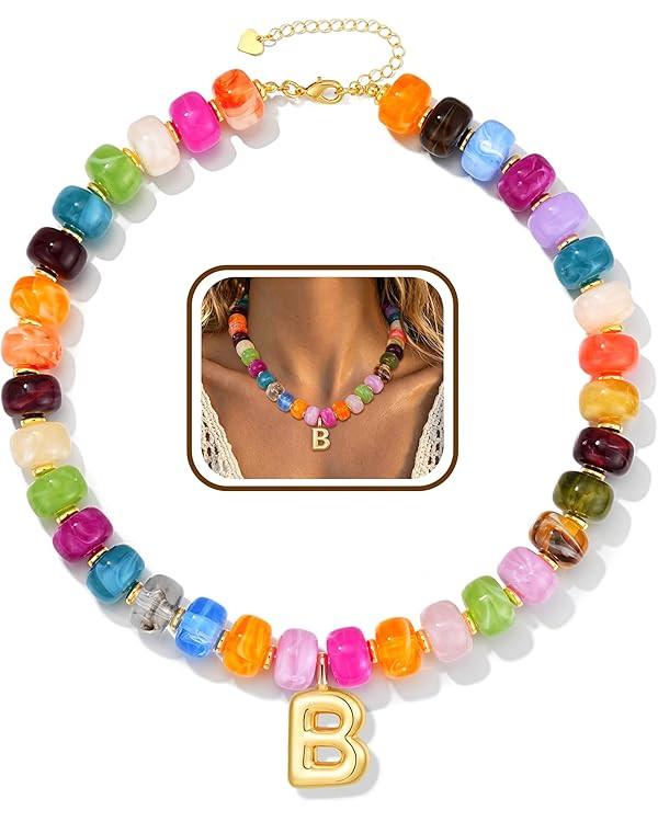 Initial Chunky Beaded Necklaces for Women Non Tarnish Colorful Beaded Bubble Letter Choker Boho S... | Amazon (US)