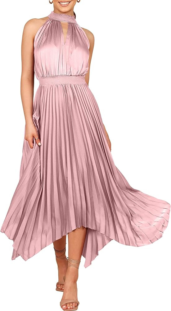 ANRABESS Women's Sleeveless Cutout Halter Neck Satin Formal Dress Smocked Pleated Asymmetric Part... | Amazon (US)