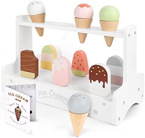 WHOHOLL Ice Cream Toy, Wooden Serve Ice Cream Counter Toy Set Pretend Play Food Accessories for Kids | Amazon (US)