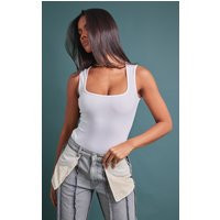 White Crepe Square Neck Bodysuit | PrettyLittleThing CAN