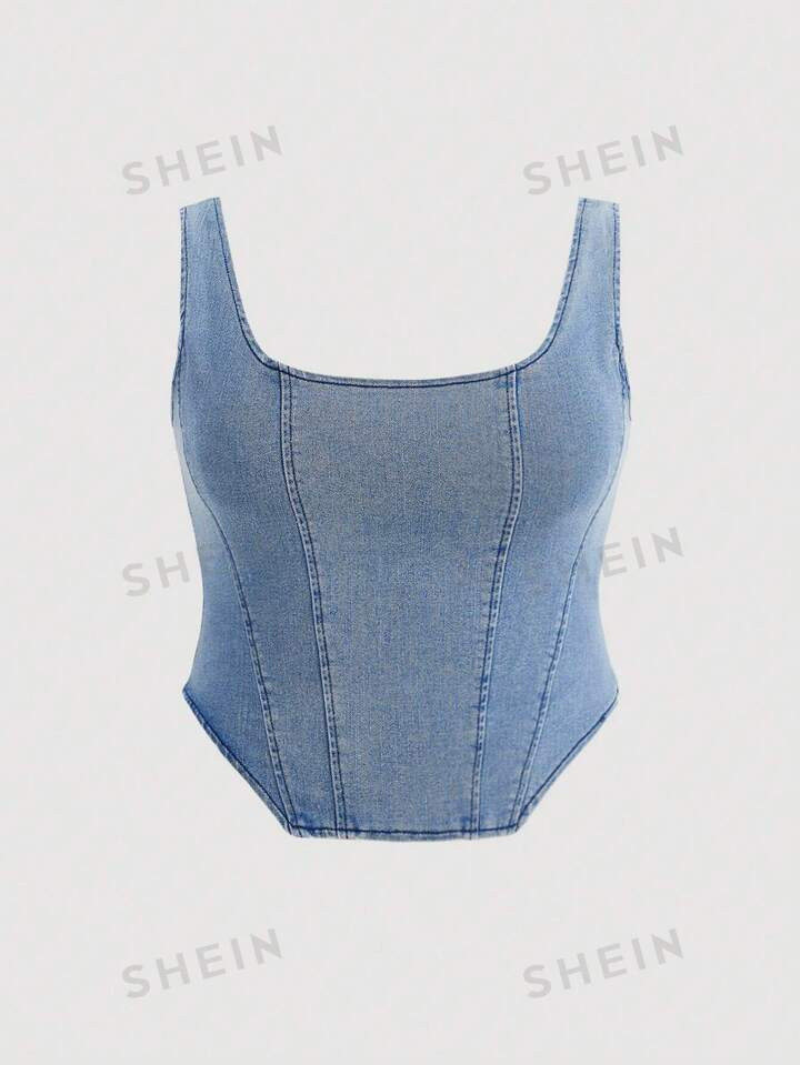 SHEIN MOD Plus Square Neck Hanky Hem Denim Tank Top | SHEIN