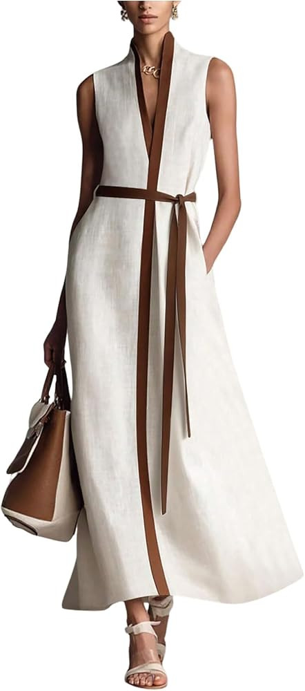 OYOANGLE Women's V Neck A Line Maxi Dress Tie Front Sleeveless Flowy Vacation Dresses with Pocket | Amazon (US)