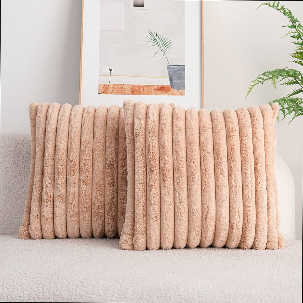 Pack of 2,Double-Sided Faux Fur Plush Decorative Throw Pillow Covers Fuzzy Striped Soft Pillowcas... | Amazon (US)