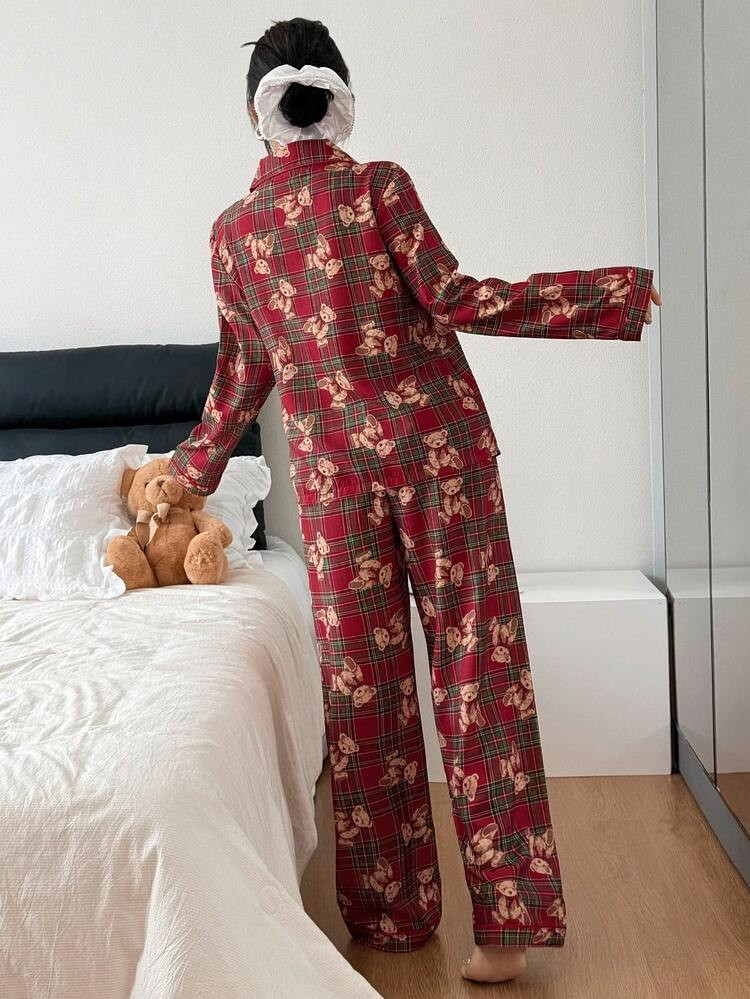 Bear Plaid Print Pajama Set  | SHEIN