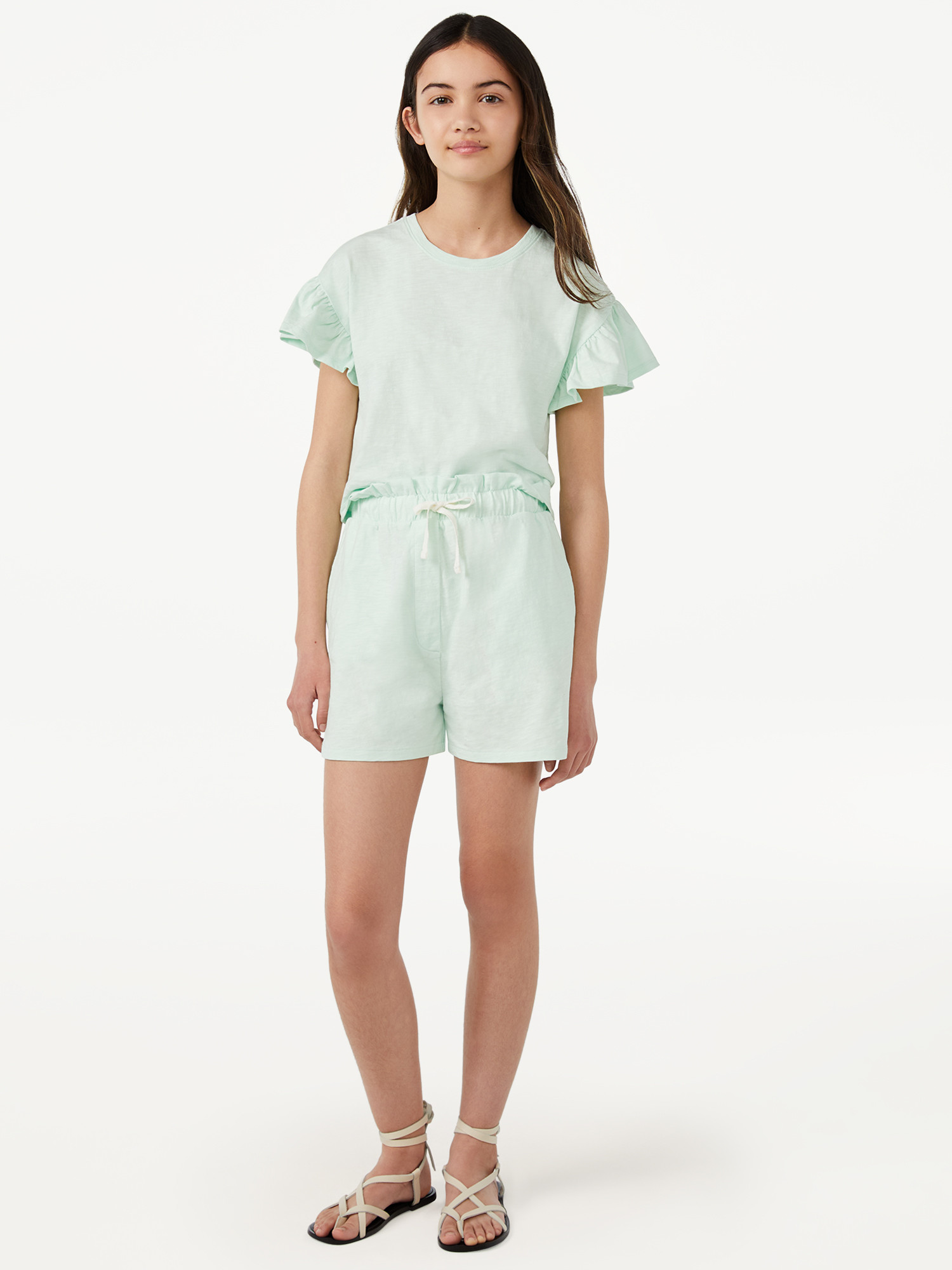 Free Assembly Girls Bell Sleeve T-Shirt and Shorts, 2-Piece Set, Sizes 4-18 - Walmart.com | Walmart (US)