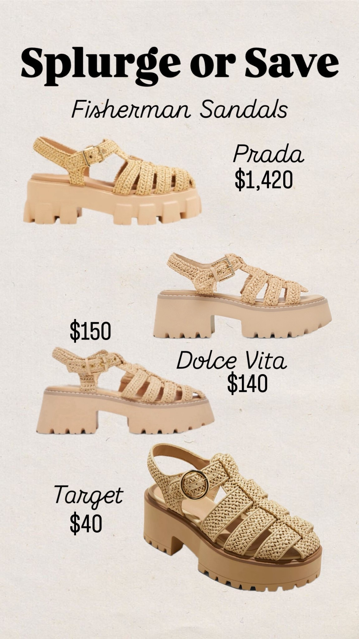 Splurge or save
Prada fisherman sandals
Dolce vita
Sandals
Rattan sandals
Fisherman sandals
Summer outfit
Travel outfit
Spring outfit
Vacation outfit
Date night outfit
Travel outfit
Target
Summer shoes

#LTKShoeCrush #LTKFindsUnder50 #LTKFindsUnder100