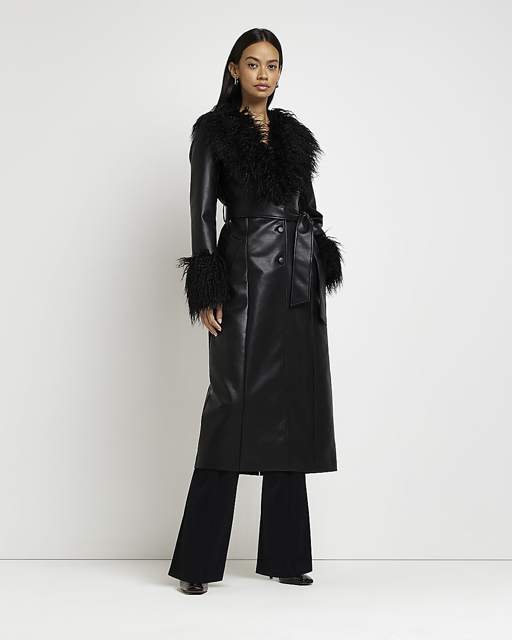 Black faux fur longline coat | River Island (UK & IE)