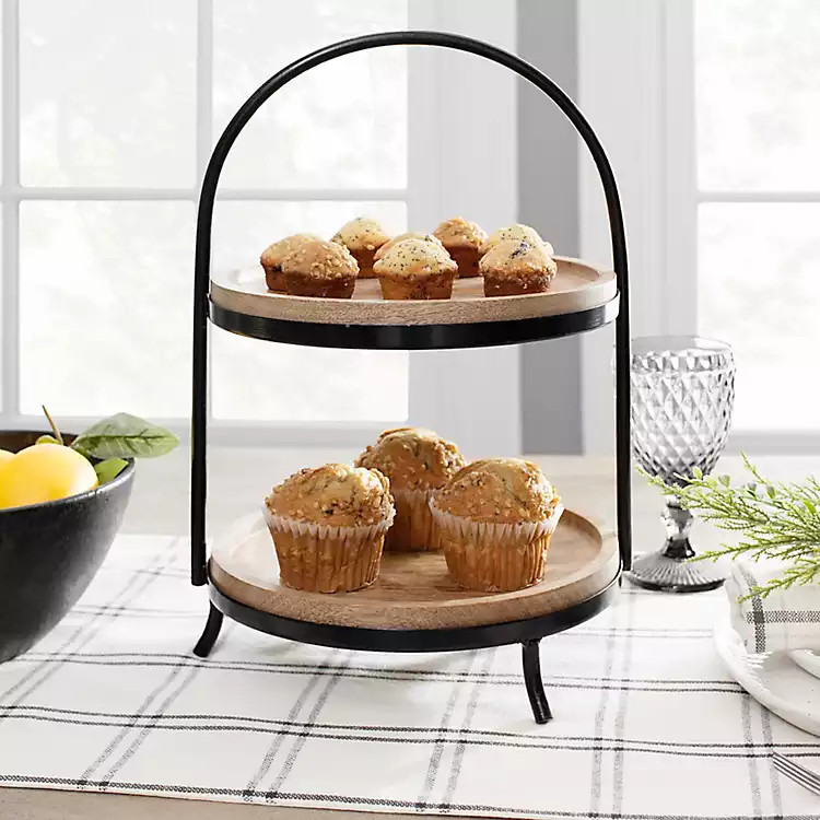 Black Metal and Natural Wood 2-Tier Server | Kirkland's Home