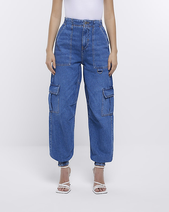 Blue high waisted cargo jeans | River Island (US)