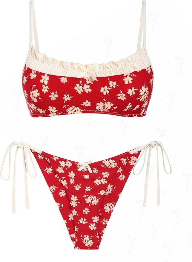 seamoly Gingham Spliced Ruched Ruffles Trim Bowknot Decor Tie Side Bikini Set | Amazon (US)