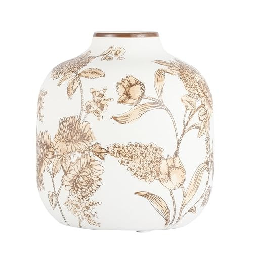 White Ceramic Tabletop Vase with Brown Floral Painting - Hand-Painted Décor Vase for Centerpiece, Mantel or Shelf, Farmhouse Chic Home Decor | Amazon (US)