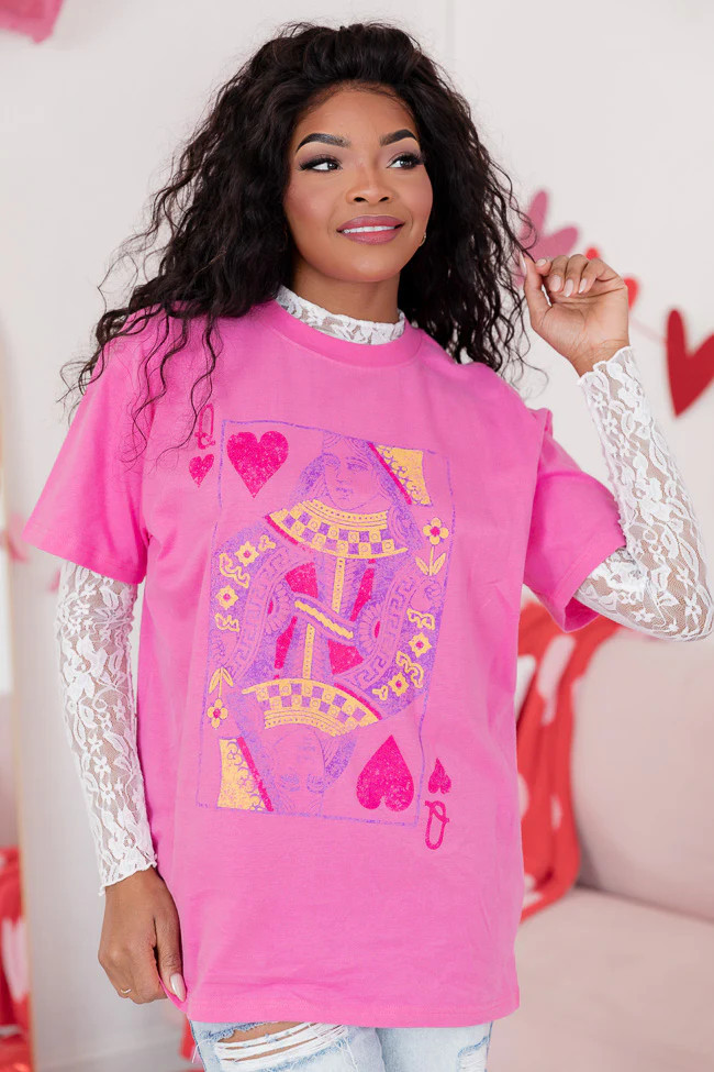 Queen of Hearts Hot Pink Oversized Graphic Tee | Pink Lily