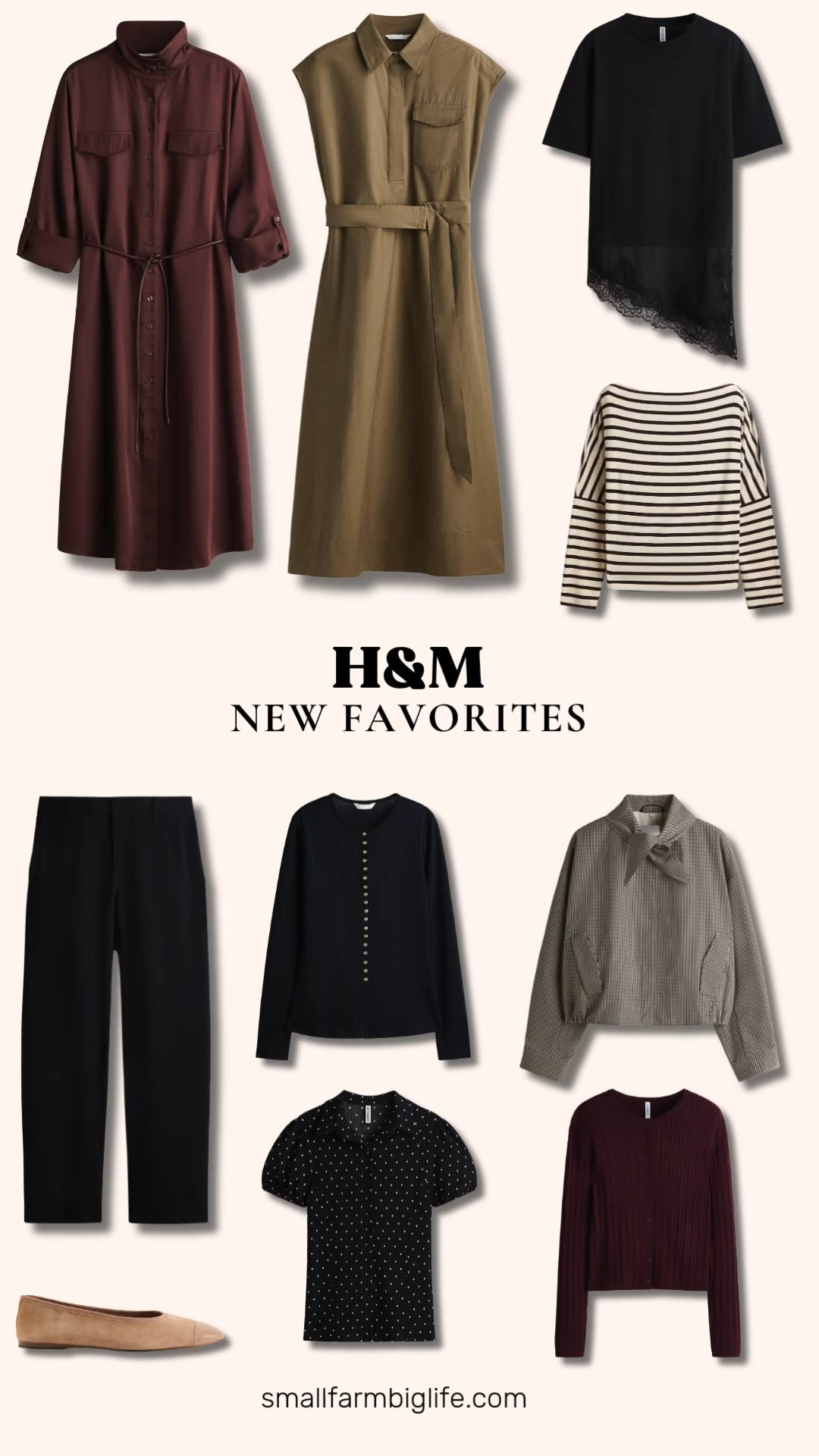 H&M keeps dropping new pieces and this edit rounds up the fall favorites worth adding to your closet right now.

Starting with tops: a black and white polka dot puff sleeved button front top, a black lace trimmed asymmetric t shirt, and a cream and dark brown striped boat neck top, all easy to mix into fall outfits.

For dresses: an olive green tie belt dress with a collar, and a burgundy funnel collar shirt dress, both polished options for the season.

For layers: a black rib knit cardigan with gold buttons, a burgundy cable knit cardigan, and a plaid scarf collar bubble hem jacket for a little extra warmth.

Rounding it out is this black dressy barrel leg pant and a light brown suede flat, an easy pairing for work or weekend.

#hmfashion #fallfavorites #cardigansweater #falldresses #suedeflats 

 #LTKootd #LTKOver40 #LTKWorkwear