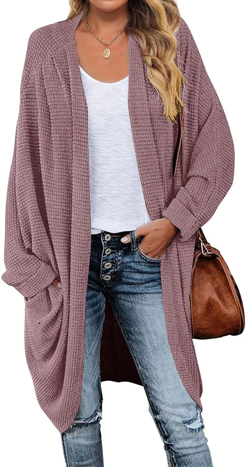MEROKEETY Women's Waffle Knit Batwing Long Sleeve Cardigan Loose Open Front Sweater Coat | Amazon (US)