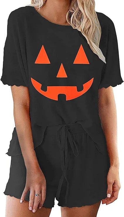 Women's Henley Button Down Ghost Pumpkin Graphic Printed Ruffle Two Piece outfits Halloween Pajam... | Amazon (US)