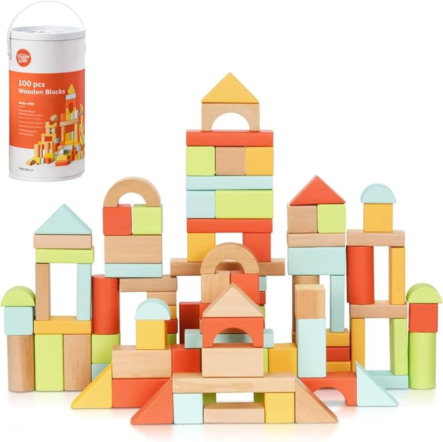 Pidoko Kids 100pcs Building Blocks for Toddlers 1-3, Wooden Blocks for Kids with Storage Bucket a... | Amazon (US)