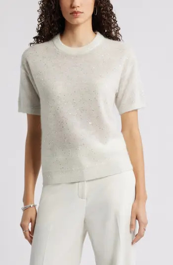 Nordstrom Short Sleeve Sequin Sweater in Ivory-Silver Sequin at Nordstrom Rack, Size Xx-Small | Nordstrom Rack