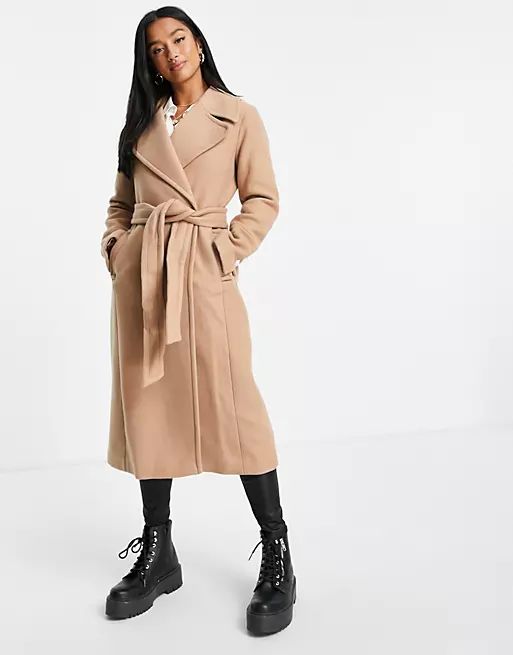 Forever New Petite wrap midi coat in camel | ASOS (Global)