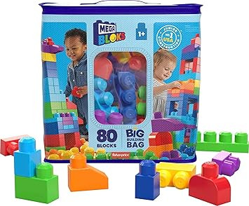 MEGA BLOKS Fisher-Price Toddler Block Toys, Big Building Bag with 80 Pieces and Storage Bag, Blue... | Amazon (US)