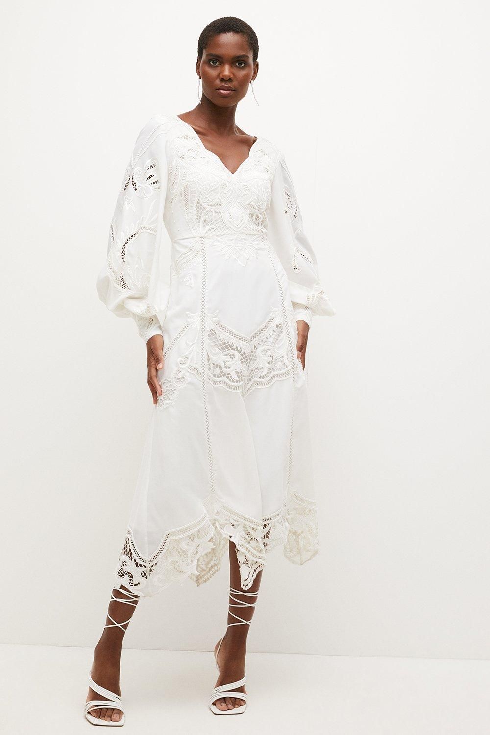 Cutwork Beaded Drama Sleeve Woven Midi Dress | Karen Millen US