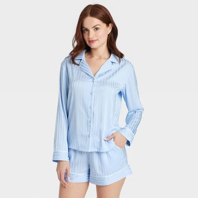 Women's Luxury Collection Shadow Striped Satin Notch Collar Top and Shorts Pajama Set - Auden™ Blue L: Recycled Polyester, Elastic Waistband | Target