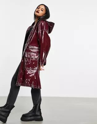 ASOS DESIGN vinyl parka with contrast stitching in oxblood | ASOS (Global)