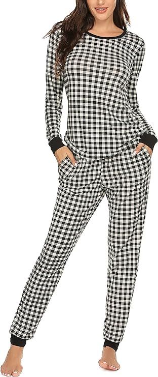 Ekouaer Women's Pajama Set Plaid Pj Long Sleeve Sleepwear Soft Contrast 2 Piece Lounge Sets | Amazon (US)
