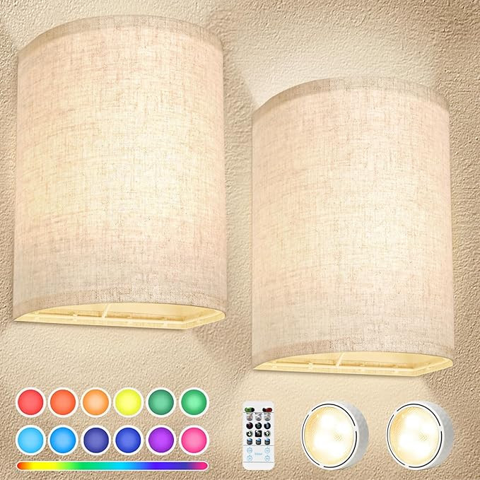 FINCMY Battery Operated Wall Sconce Set of 2, 18 RGB Colors Stick On Wall Lights Changeable Dimma... | Amazon (CA)