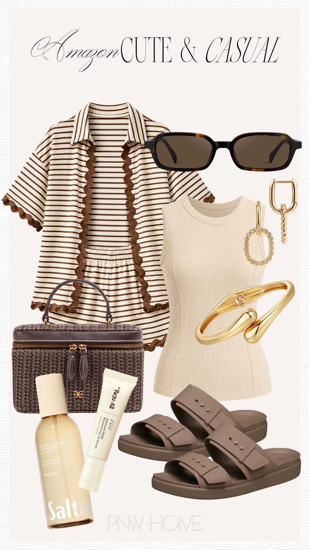 Cute and casual fit - perfect Amazon finds for the busy mom this summer! 

summer fashion, summer style, summer outfit, summer looks, mom outfit, mom look, mom style, neutral outfit, neutral set, striped set, knitwear set, knit set, neutral tank top, off-white tank top, brown handbag, summer handbag, brown sandals, slides, summer shoes, summer footwear, body spray, women's fragrance, gold bracelet, bangle bracelet, gold earrings, sunglasses 

 #LTKgrwm #LTKootd #LTKmomlife