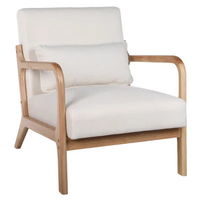 Mid Century Modern Armchair with Solid Rubberwood Frame and Detachable Lumbar Pillow for Living Room, Bedroom, or Office Accent Chair in Neutral Beige | Wayfair North America