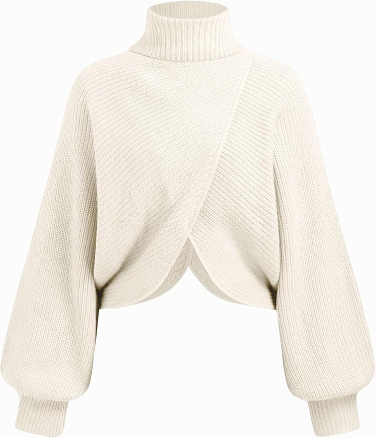 CIDER Cropped Sweaters for Women Turtleneck Sweater Long Sleeve Ribbed Knit Lantern Sleeve Pullov... | Amazon (US)