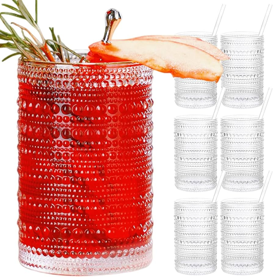 Vintage Drinking Glasses, 15 oz Hobnail Drinking Glasses Set of 6, Includes 8 Glass Straws, Ribbe... | Amazon (US)
