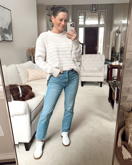 Walmart new arrival - chenille spring sweater! Runs true to size - I sized up to a medium for an oversized fit.  Comes in multiple color options. My jeans are from Abercrombie and the perfect length for me at 5’4”.