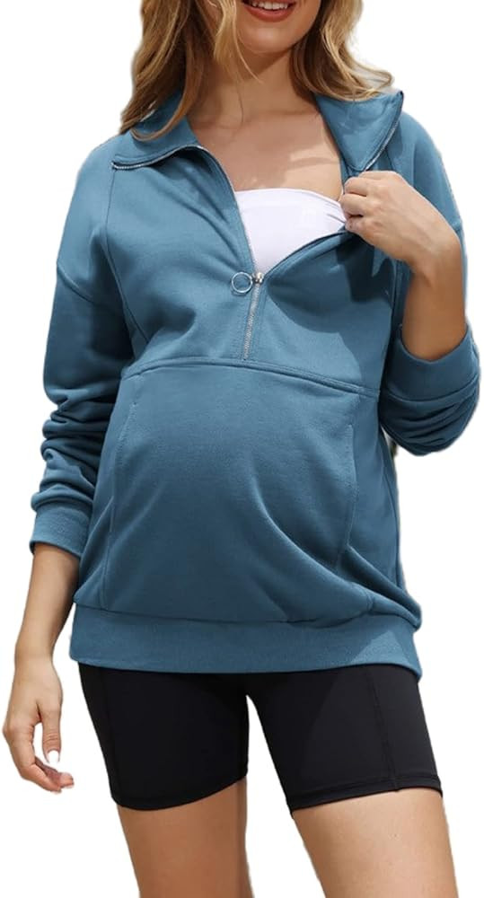 Maacie Maternity 1/2 Zip Pullover Nursing Hoodie Sweatshirt with Kangaroo Pocket | Amazon (US)