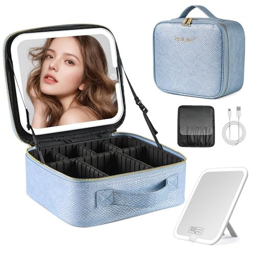 PRALENA Portable Travel Makeup Bag with Mirror and Light - 3 Colors,Adjustable Brightness Spacious Cosmetic Organizer,Mermaid Shine Blue | Amazon (US)